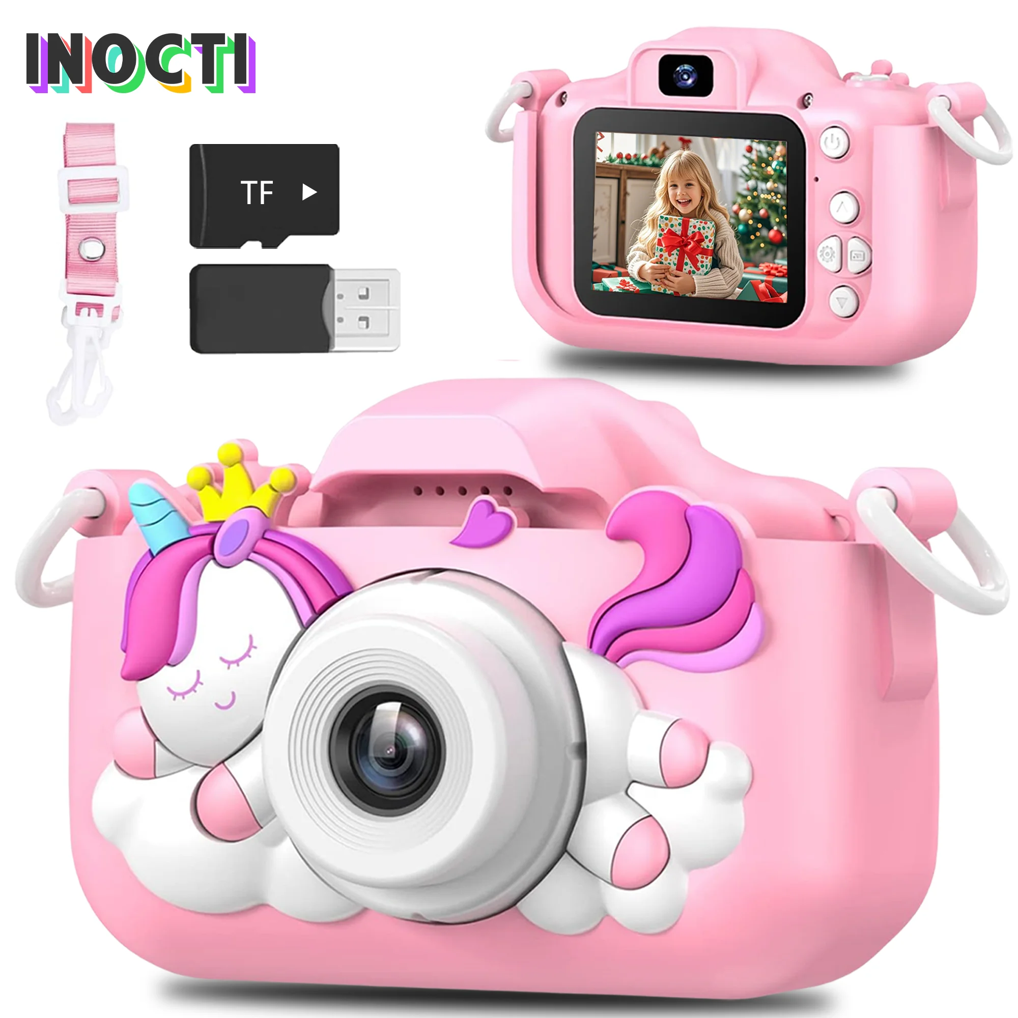 Mini caméra licorne de dessin animé pour enfants, jouets pour filles et garçons, cadeaux d'anniversaire, écran HD 1080P de 2 pouces avec enregistrement sur carte SD, caméra de vie