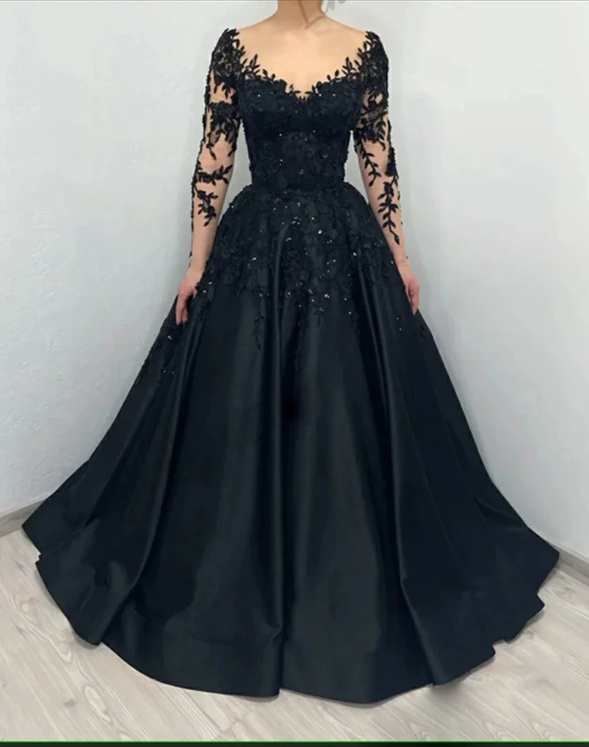 

Lzhk Customized Exquisite Satin A-Line Appliques Sequined Beading Evening Dress High Quality V-Neck Long Sleeves Party Gowns