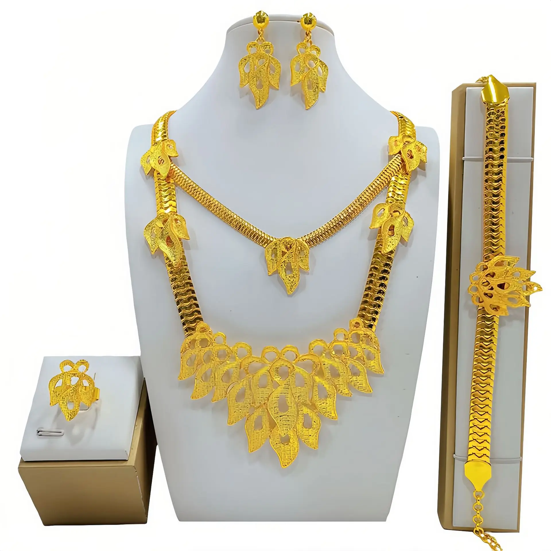 24K الذهب الحقيقي 9999 الذهب الأصفر والمجوهرات دعوى قلادة طويلة دعوى سوار حلقة أقراط قلادة الزفاف