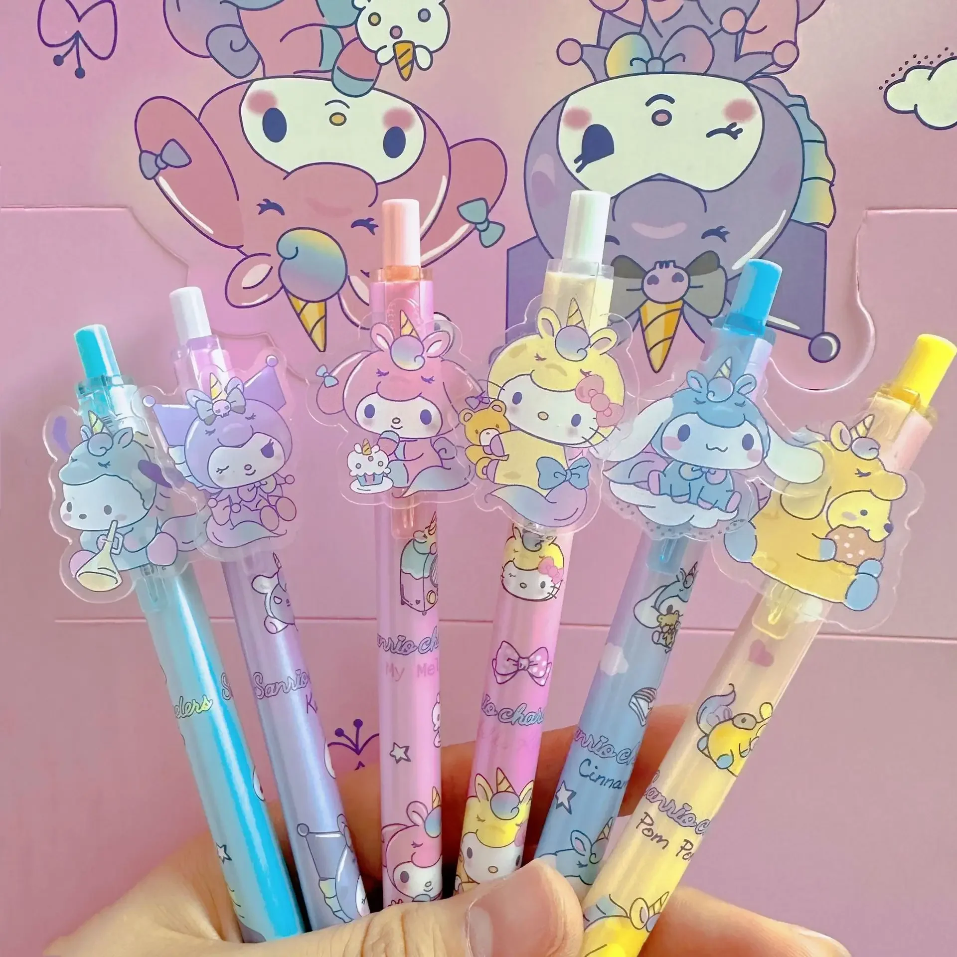 6Pcs Cartoon Unicorn Sanrio Pochacco Mymelody Kuromi Cinnamoroll Pompom Purin LittleTwinStars Gel Pen 0.5mm Black Signature Pen