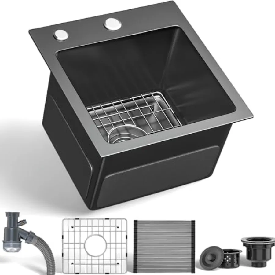 

15in Drop In Small Kitchen Sink Stainless Steel Nano Gunmetal Black Bar Sink with Grid and Accessories Single Bowl Workstation