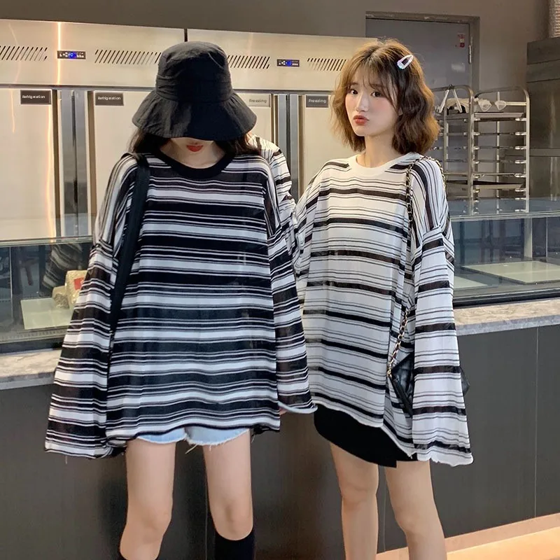 Striped Knitted See-through Summer Top Women's Lightweight Loose Fit Base Layer Shirt Casual Korean Style Sun Protection