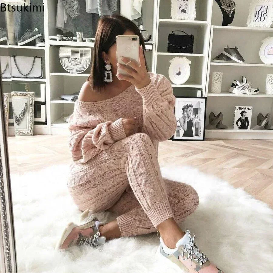 Plus Size 4XL 5XL Womens Outfits Autumn Winter Tracksuit Set Knitted Sweater and Pants Two Piece Set Women Sweater Pants Sets