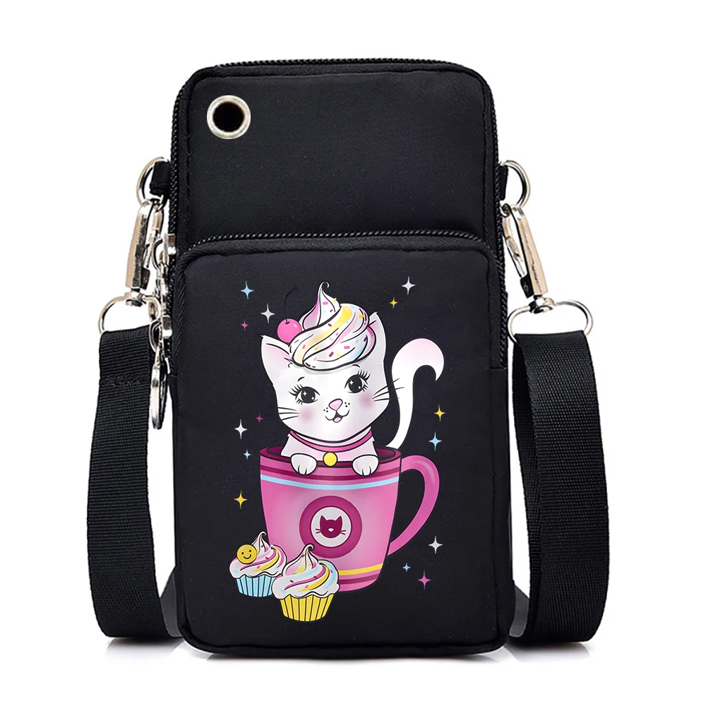 Fashion Brand Mini Mobile Phone Bag Cute Cat Printed Crossbody Bags for Women Cartoon Animal Shoulder Bag Outdoor Wrist Handbags