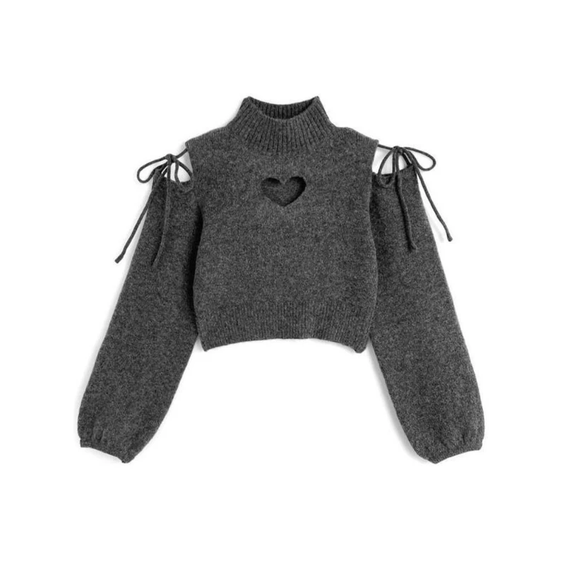 Korean Fashion Lolita Style Knitted Pullovers Women Sweet Heart Hollow Out Off-shoulder Bandage Sweaters Y2k Aesthetics Jumpers