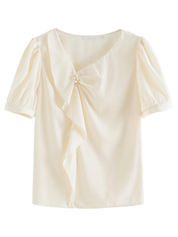 FSLE 【3 Colors】French Ruffled V-neck Shirt For Women Summer Apricot Thin Tarped Short Sleeve Shirts 24FS12187