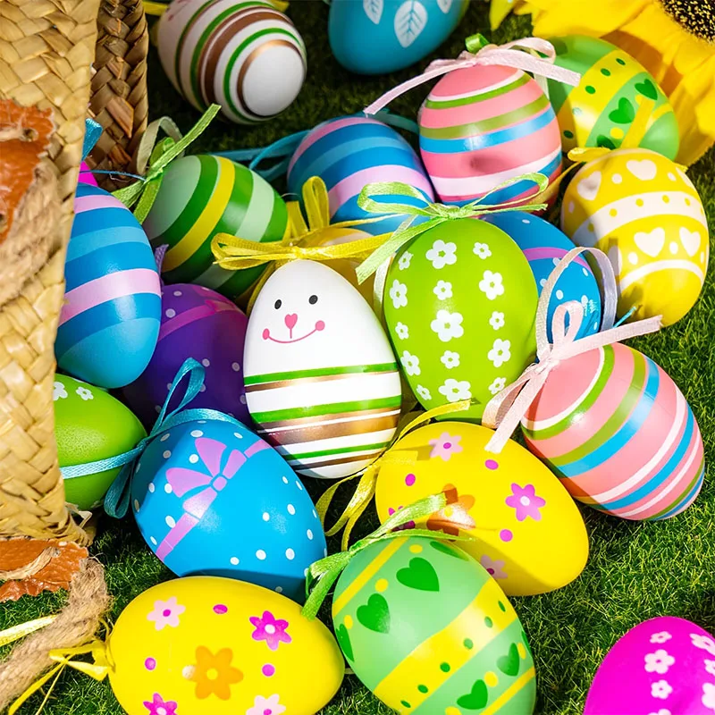 24 Uds. De huevos de Pascua de plástico, adorno colgante, cesta de árbol de Pascua, decoración de huevos coloridos, fiesta de Pascua feliz, regalo para niños, decoración del hogar