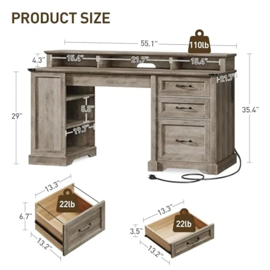 RALGEND 55'' Farmhouse Desk with Drawers, Office Desk with File Cabinet