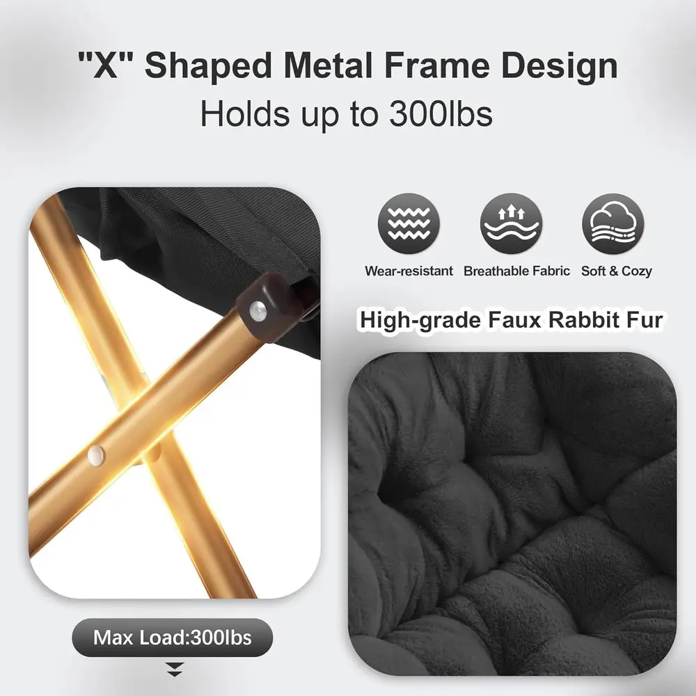 كرسي صالة قابل للطي من الفرو الصناعي الأسود مقاس X-Large لغرفة المعيشة وغرف النوم والقراءة