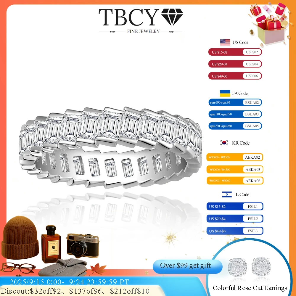 

TBCYD 4cttw Emerald Cut Full Moissanite Rings for Women 925 Sterling Silver Luxury Full Eternity Band Wedding Jewelry Box With