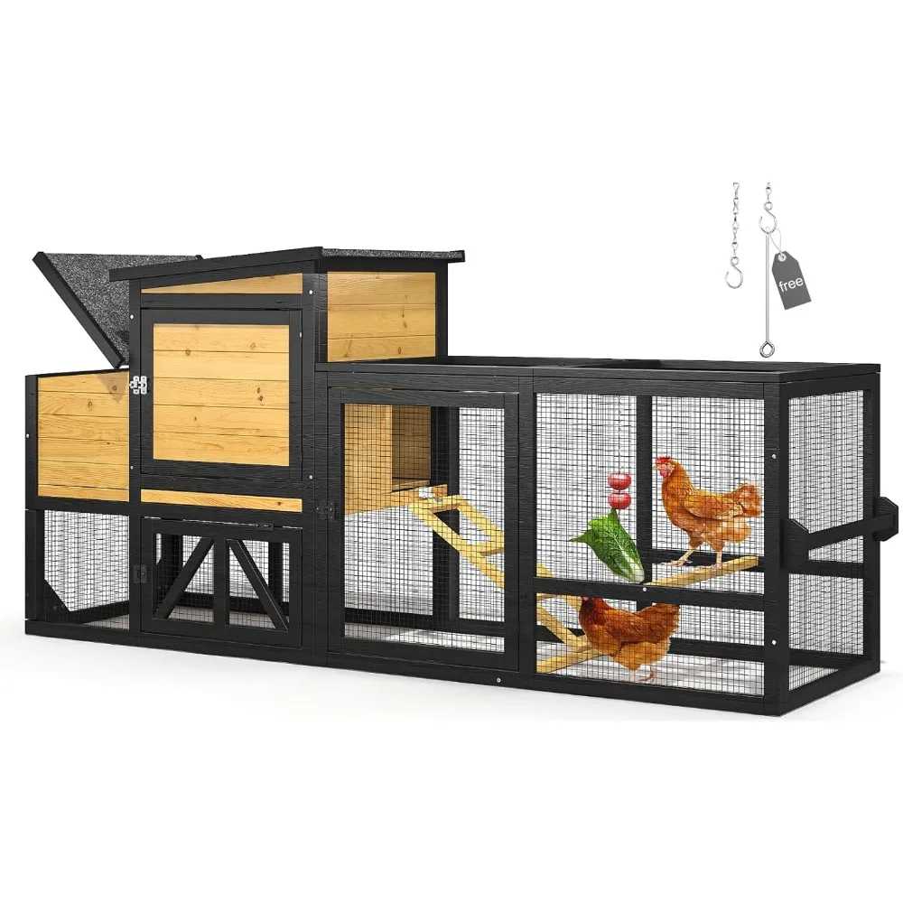 

80" Chicken Coop for 2-4 Chickens with Wheels, Outdoor Wooden Hen House w/Nesting Box & Run Cage, Weatherproof for Backyard Poul