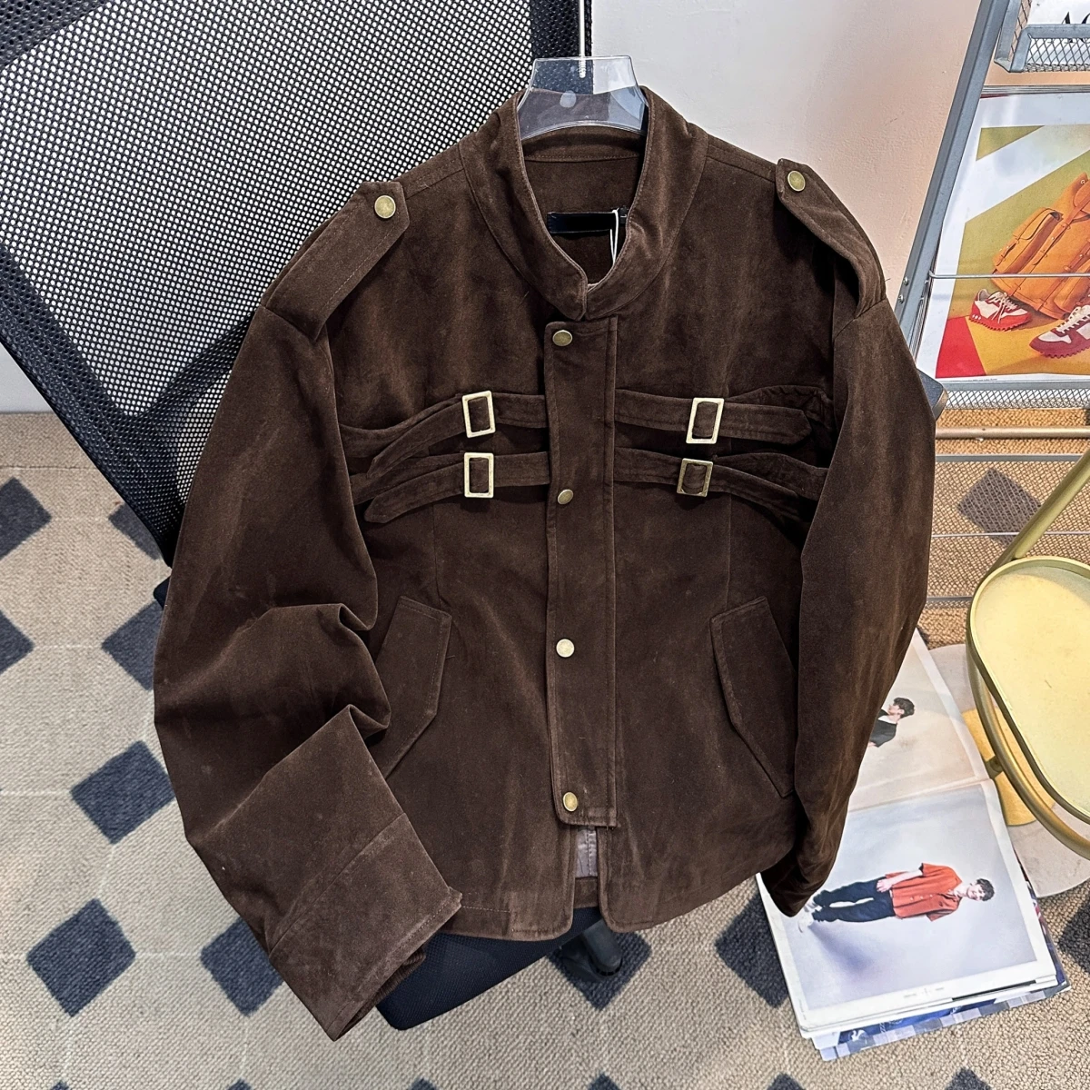 

Retro American Sle Motorcycle Jaet Men's Suede Patchwork Design CleanFit ort Wide Outerwear for Autumn Spring Summer