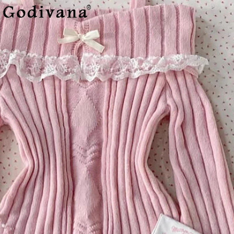 가을 새로운 아름다운 리본 스웨터 여성용 오리지널 프렌치 패션 달콤한 스웨터 여성용 긴 소매 핑크 레이스 로리타 스웨터