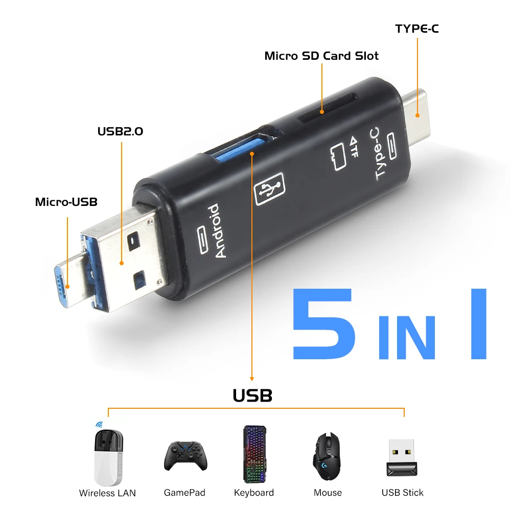 5 في 1 متعددة الوظائف Usb 2.0 نوع C/Usb/مايكرو Usb/Tf/SD قارئ بطاقة الذاكرة OTG قارئ بطاقة محول ملحقات الهاتف المحمول