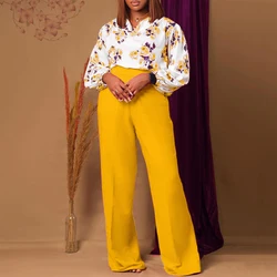 2 Pieces Sets Womens Outfits Two Pieces Pants Blouse Shirts Printed Long Trousers High Waisted Elegant Birthday Party Pants Sets