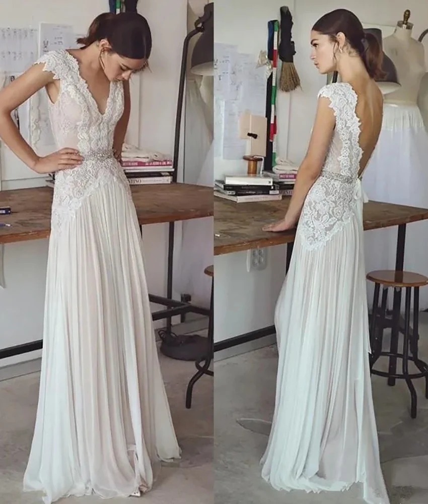 

Customized Temperament Chiffon A-Line Lace Crystal Evening Dress High Quality V-Neck Sleeveless Floor Length Party Gowns