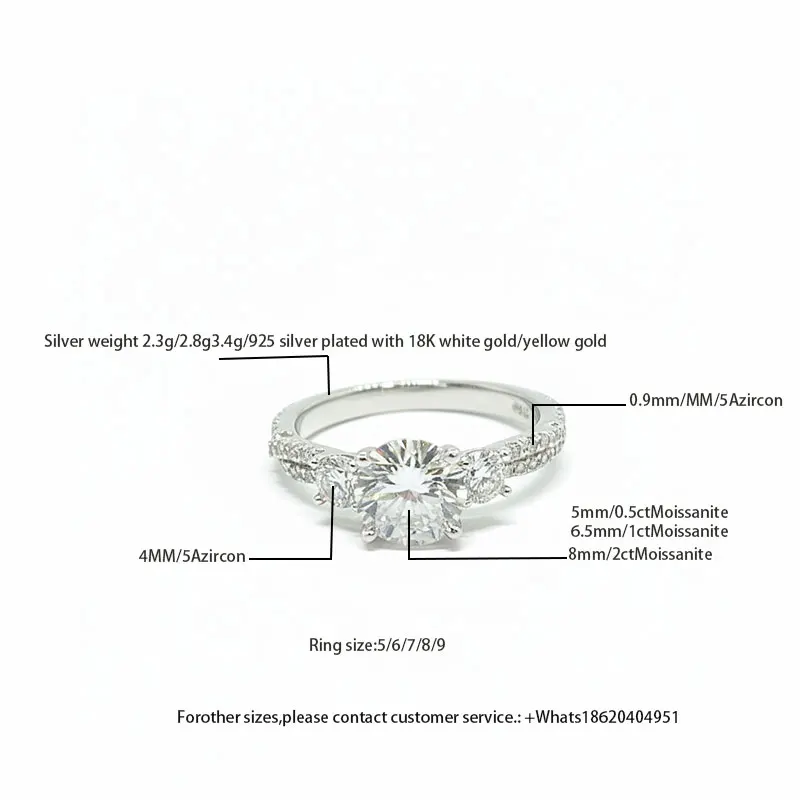

Women's S925 Sterling Silver 18K White/Yellow Gold Plated Three-Stone Ring - 5mm/0.5CT 6.5mm/1CT 8mm/2CT Moissanite with 0.9mm 5