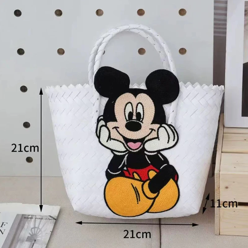 Kawaii Anime Mickey Minnie Figure Basket Woven Bag Ladies Handbag Holiday Leisure Joker Beach Handbag Girl Toy Festival Gift