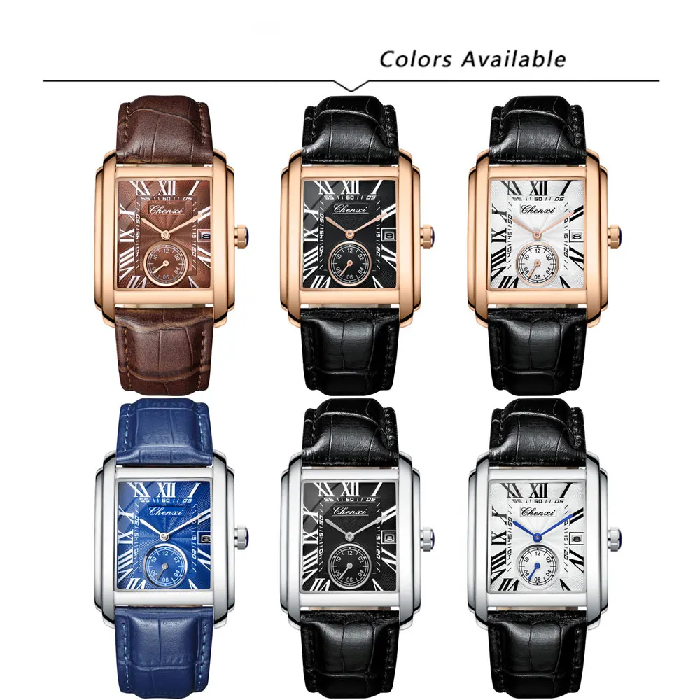 CHENXI 고품질 남자 시계 패션 간단한 날짜 광장 쿼츠 시계 가죽 스트랩 손목 시계 남성 선물 Reloj Hombre