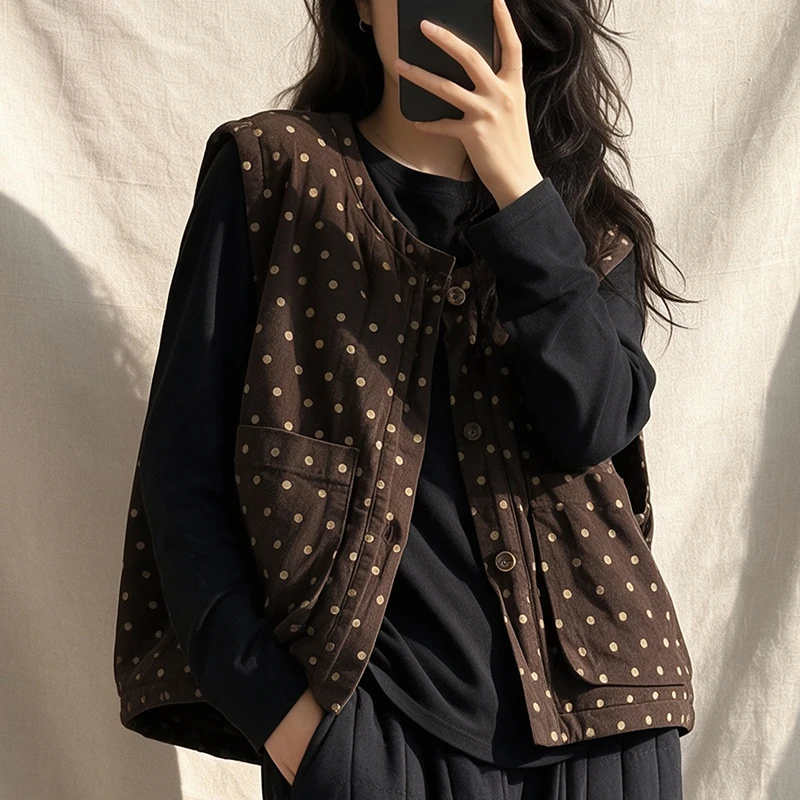Women's Autumn Winter Cotton Lined Thin Sleeveless Pure Color Corduroy Jacket Casual Style Polyester Fiber Ladies Vest