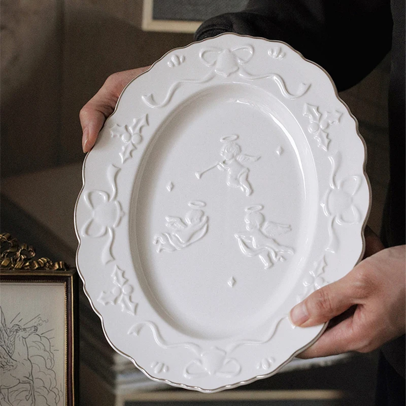 Ceramic Cup and Saucer White Embossed Angel Handmade Coffee Cup Saucer Oval Plate French Elegant Tableware Fruit Dessert Bowl
