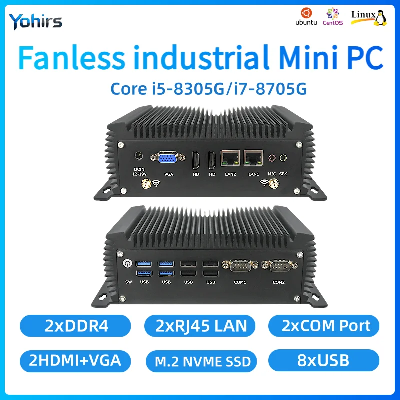 Yohirs Fanless Industrial Mini PC Intel Core I5 8305G i7 8705G 2xGiga 2xDB9 RS232 2xLAN 8xUSB 2xHDMI VGA WiFi Windows11 Linux