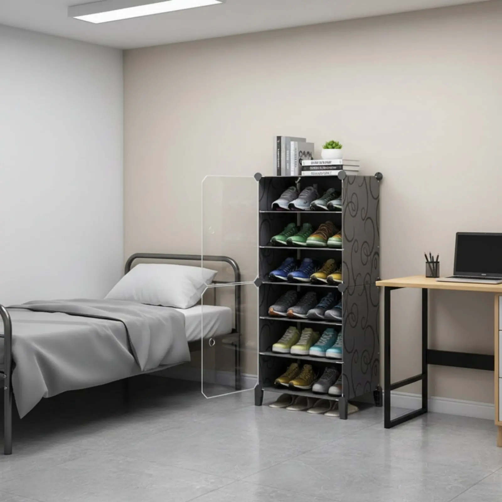 Stackable Shoe Rack with Doors Space-Saving Freestanding Shoe Storage Organizer Dustproof Clear View Panels for Students, Closet