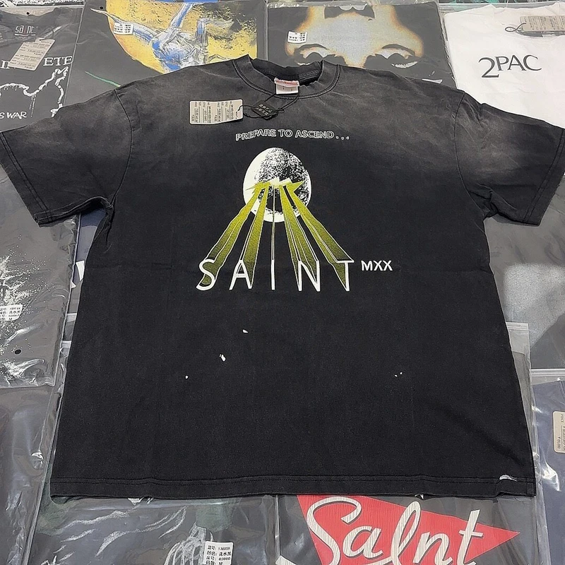 Summer Y2K Street Black Saint Tshirts Egg Hatching Projection Print Vintage Washed Splashed Ink Cotton Short Sleeve Men Women