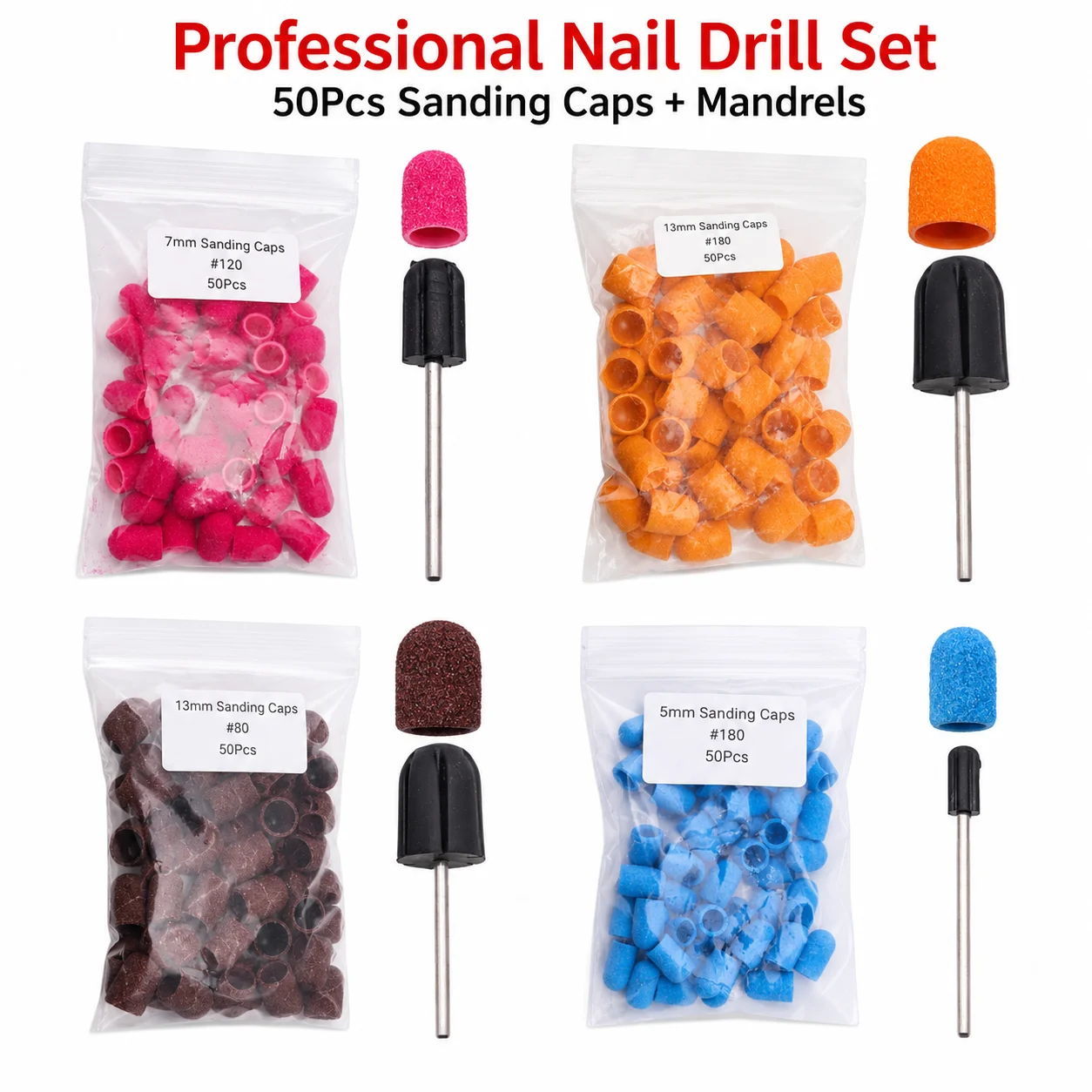 50PCS Nail Drill Sanding Caps with Mandrel Set – 4 Sizes (5mm-13mm) for Manicure Pedicure, Callus Remover & Nail Polisher