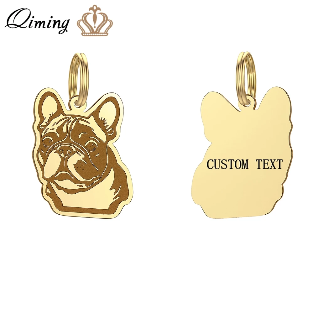 QIMING Personalized French Bulldog Id Tags Custom Stainless Steel Pendant Necklace Keychains Anti-lost Name Address