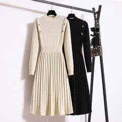 Fall Winter Knitted Solid Sweater Dresses For Women Fashion Elegant Long Sleeve Pullover Knitwears Maxi Dresses Koeran Vestidos