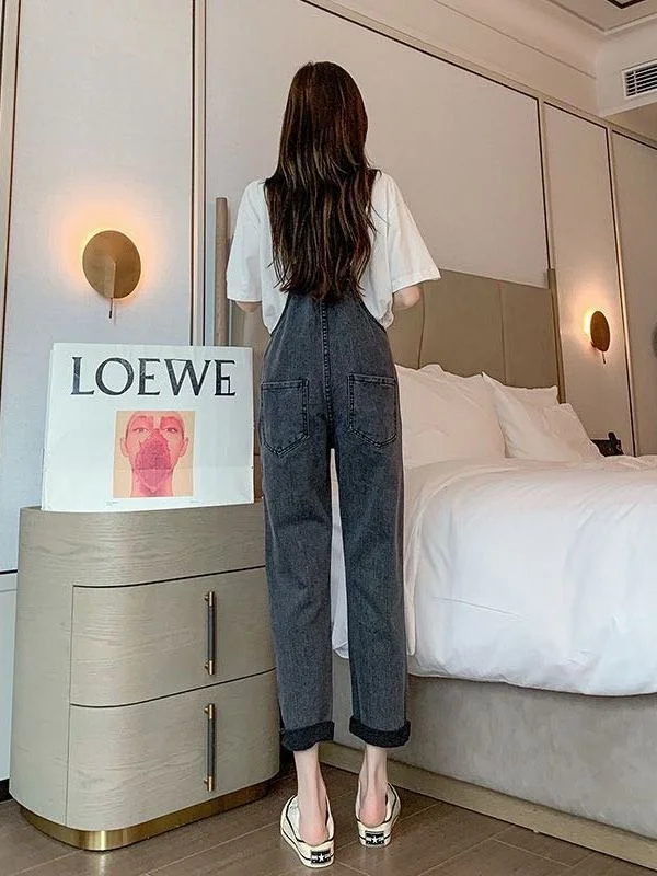 Luźne damskie ogrodniczki dżinsowe z wysokim stanem, niebieskie, codzienne, jesienne, nowość, odmładzające, modne spodnie cargo.