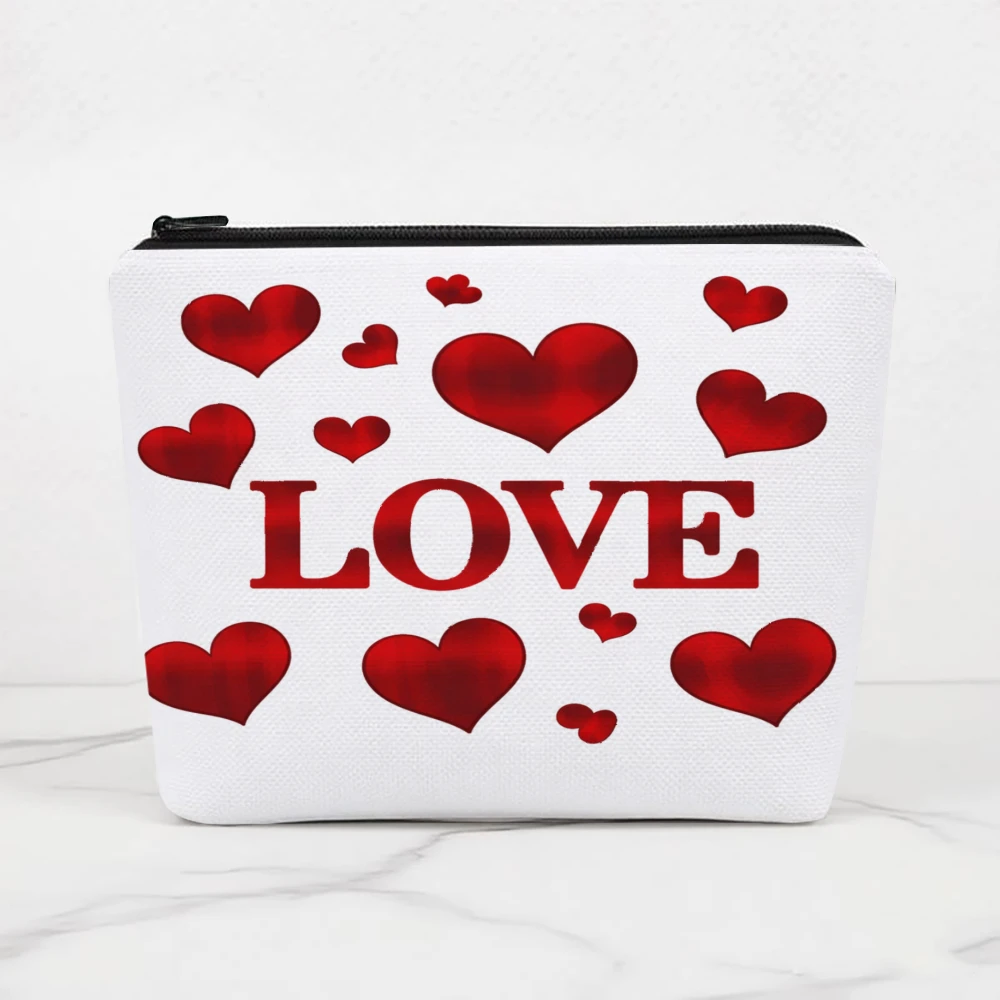 Love Hearts Red White Pattern Makeup Bags for Girls Cosmetic Pouch Toiletry Bag Pencil Case Travel Storage