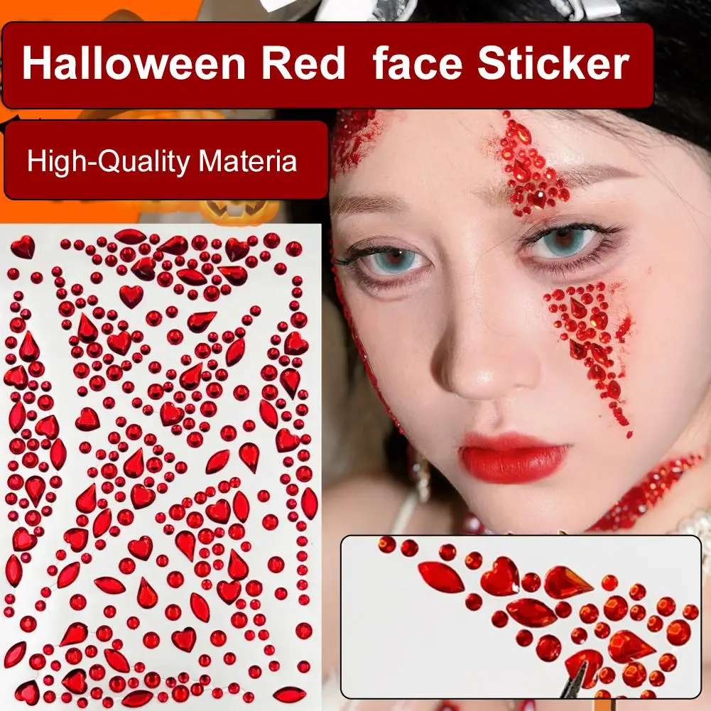 สติ๊กเกอร์ติดหน้าสีแดงสำหรับฮาโลวีน ประดับด้วยเพชรคุณภาพสูง สำหรับงานปาร์ตี้ฮาโลวีน เทศกาล แต่งหน้า ศิลปะบนร่างกาย คอสเพลย์ รุ่น D5F8