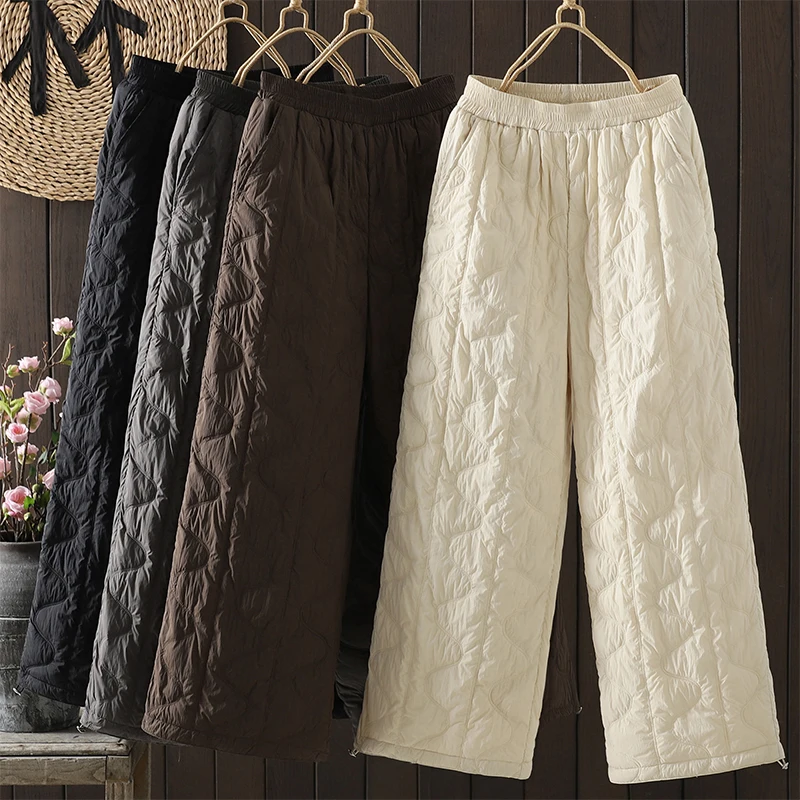 กางเกงขายาวผ้าฝ้ายอุ่นสำหรับผู้หญิง ทรงเอวสูง ขาตรง สไตล์ลำลอง แฟชั่นกันลม ทรงหลวม