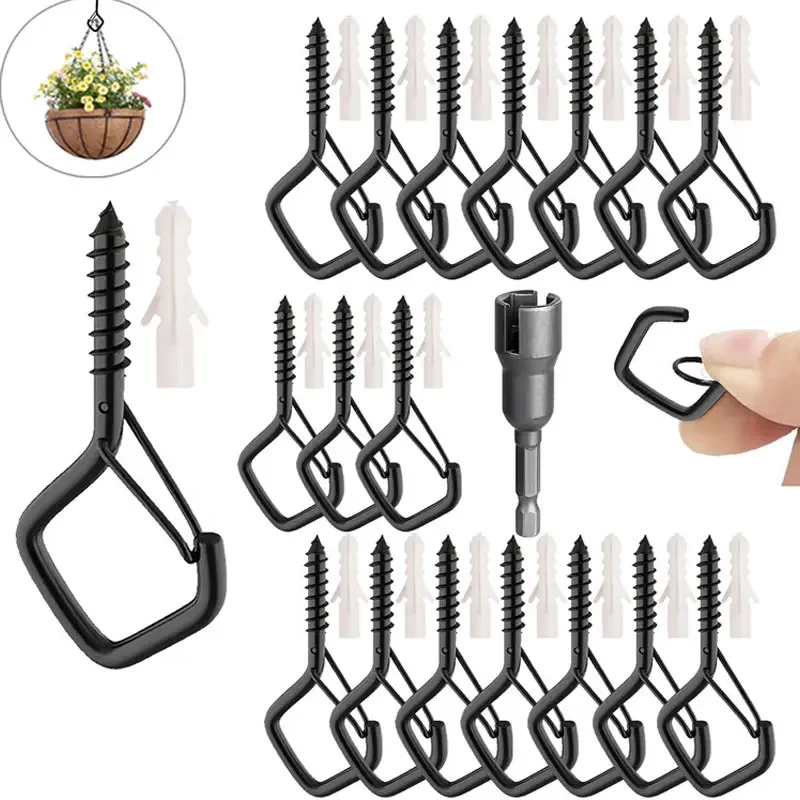 10/20PCS Q Hanger Hooks with Safety Buckle Windproof Anti-shedding Screw Hook Ceiling Flower Pot Plant Hanger Decorative Hook