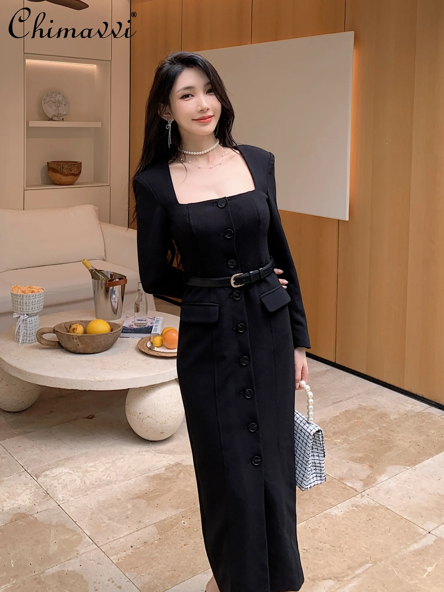 

Autumn Clothes New High-End Black Square Neck Long Sleeve Dress Simple Commuting OL Slim Fit Elegant Women's Mid-length Dress