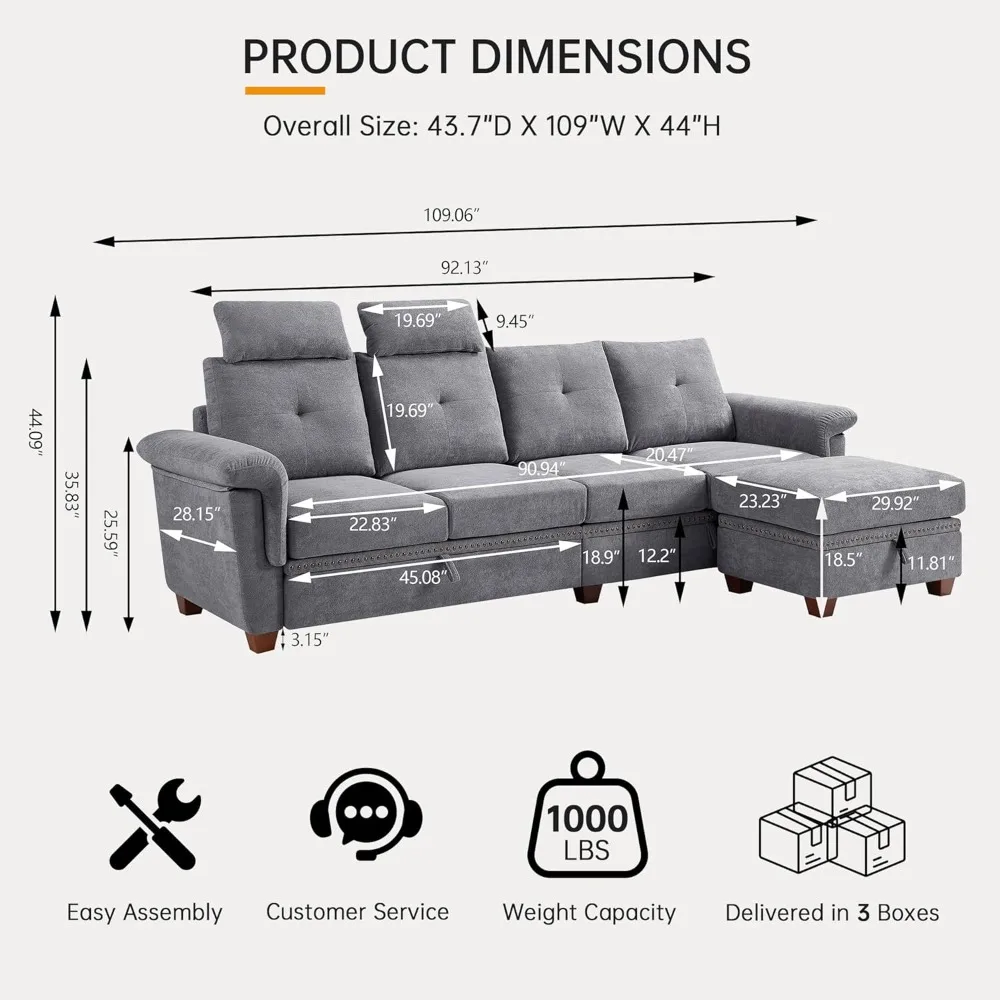 أريكة مقطعية قابلة للتحويل مع مساحة تخزين، أريكة على شكل حرف L مع كرسي وحامل أكواب، أريكة حديثة من قماش الألياف الدقيقة #2