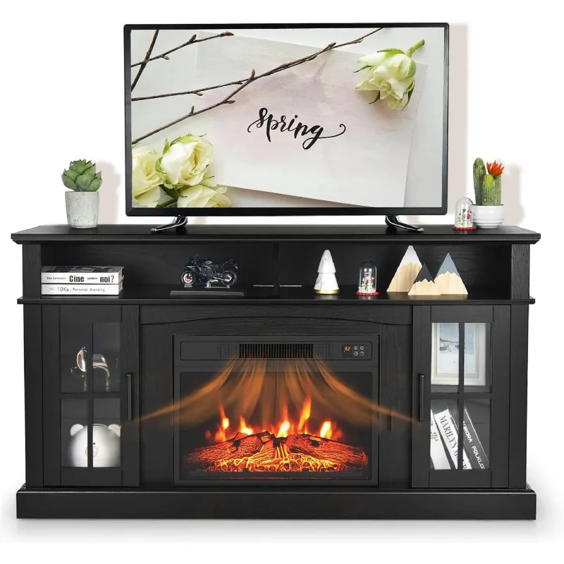 58 Inch Electric Fireplace TV Stand for TVs up to 65 Inch, Modern TV Console with 23'' Fireplace, 2 Open Shelves & Cabinets