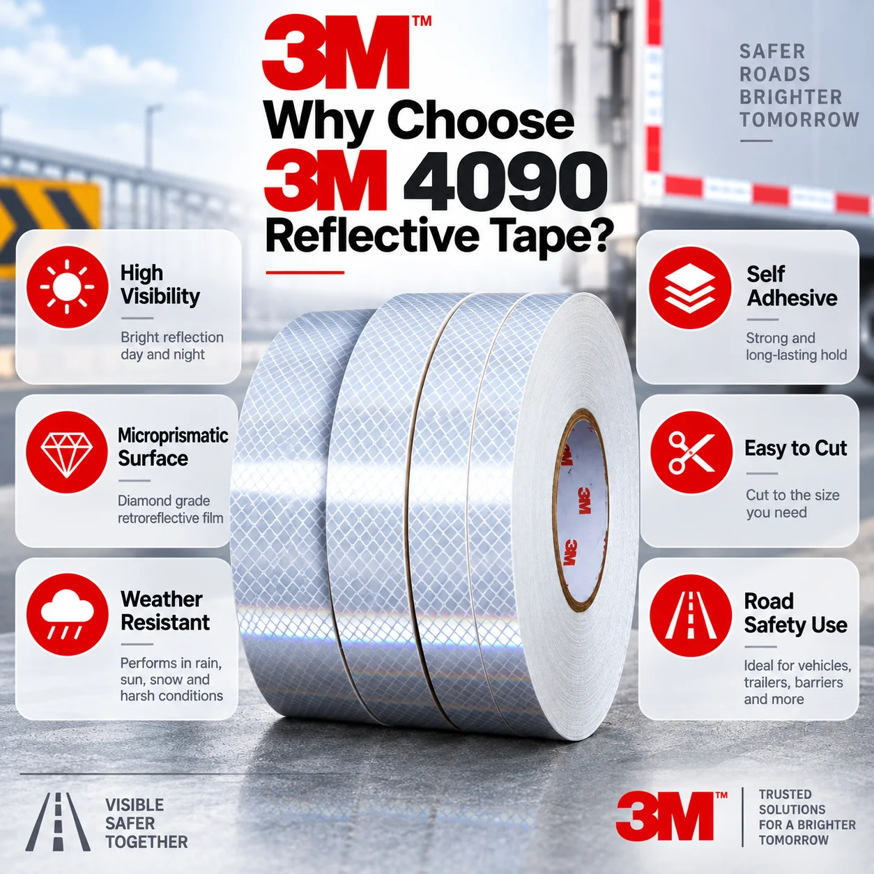 3M 4090 Diamond Grade Reflective Tape High Visibility Self Adhesive For Traffic Signs Trailer Safety Marking 1.5-5cm 1m 5m