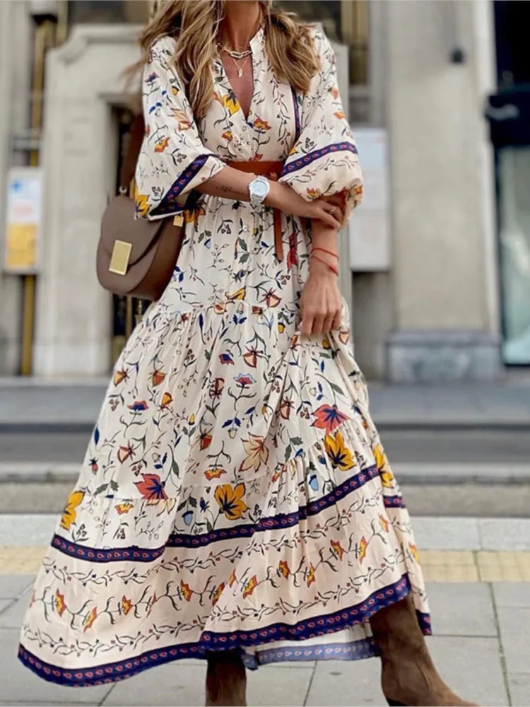 Women\'s New Autumn Winter Fashion Print Bohemian Long Dress Sexy V-neck Seven Quarter Sleeve Casual Comfortable Loose Dress