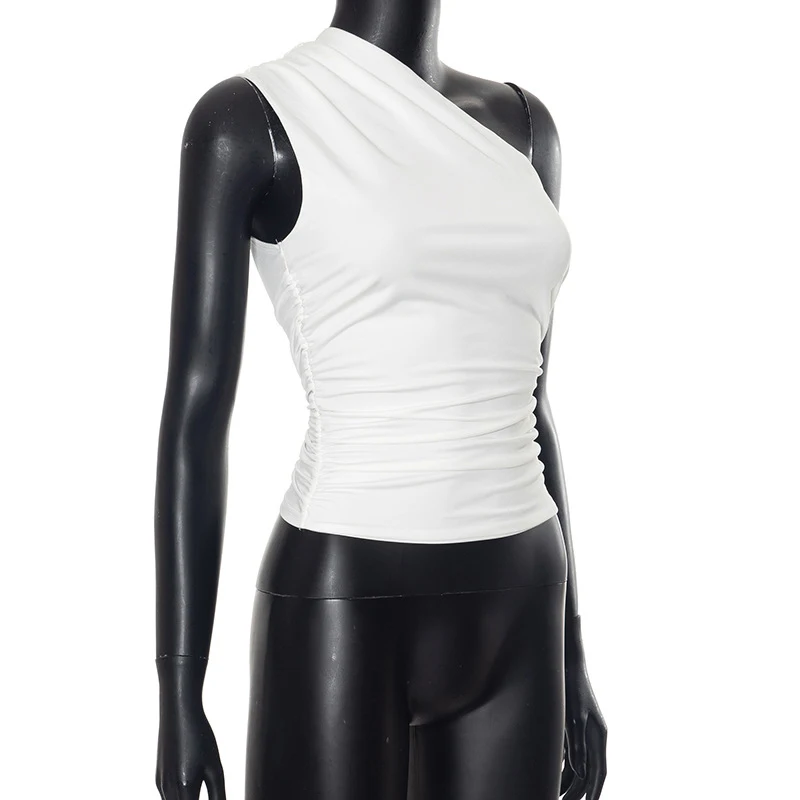 Einfarbig eine Schulter rücken frei schrumpfen Tank Top T-Shirt Süßigkeiten Farbe eng sexy ärmellose Hals ohne schlanke Casaul Top – Detail 33