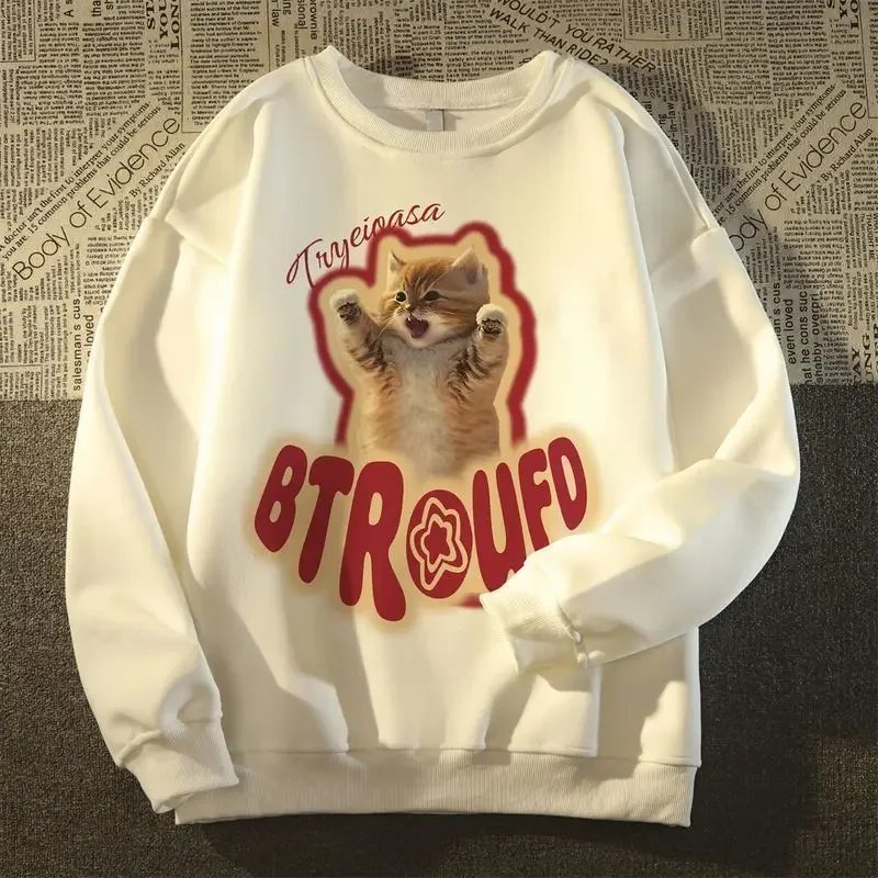 American Cute Cat Pure Cotton Round Neck Sweater for Men and Women Loose Ins Couple Coat Pattern Clothes Spring and Autumn Top