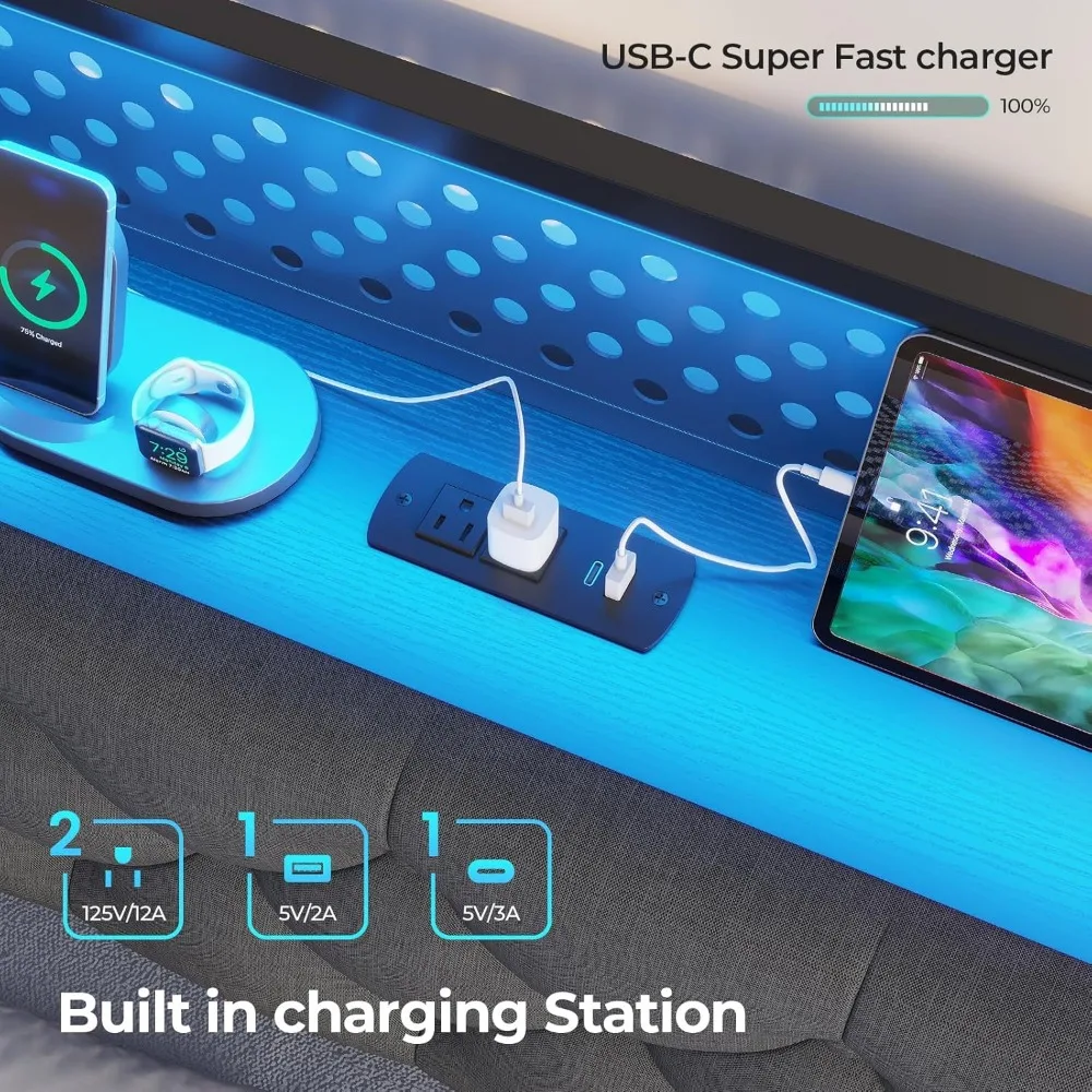 إطار سرير عائم LED بالحجم الكامل مع لوح أمامي للتخزين وميزات الشحن