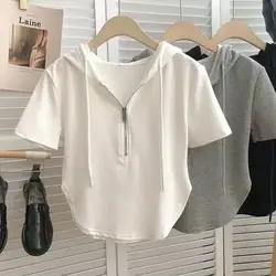 Summer New Pure and Lustful Short Hot Girls Women's Clothing 2025 Solid Drawstring Hooded Zipper White Short-sleeved T-shirt Top