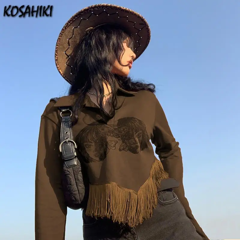 KOSAHIKI Harajuku Asymmetrical Crop Tassel Hoodies Women Casual Vintage Cartoon Print Short Y2k Top Turn Down Collar Sweatshirt