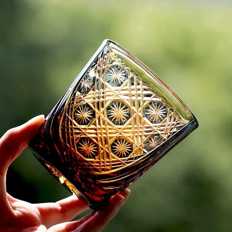 Amber Crystal Whiskey Glass High End Edo Kiriko Gilded Dome Star Chrysanthemum Old Fashioned Tumbler Barwar Cup Dropshipping