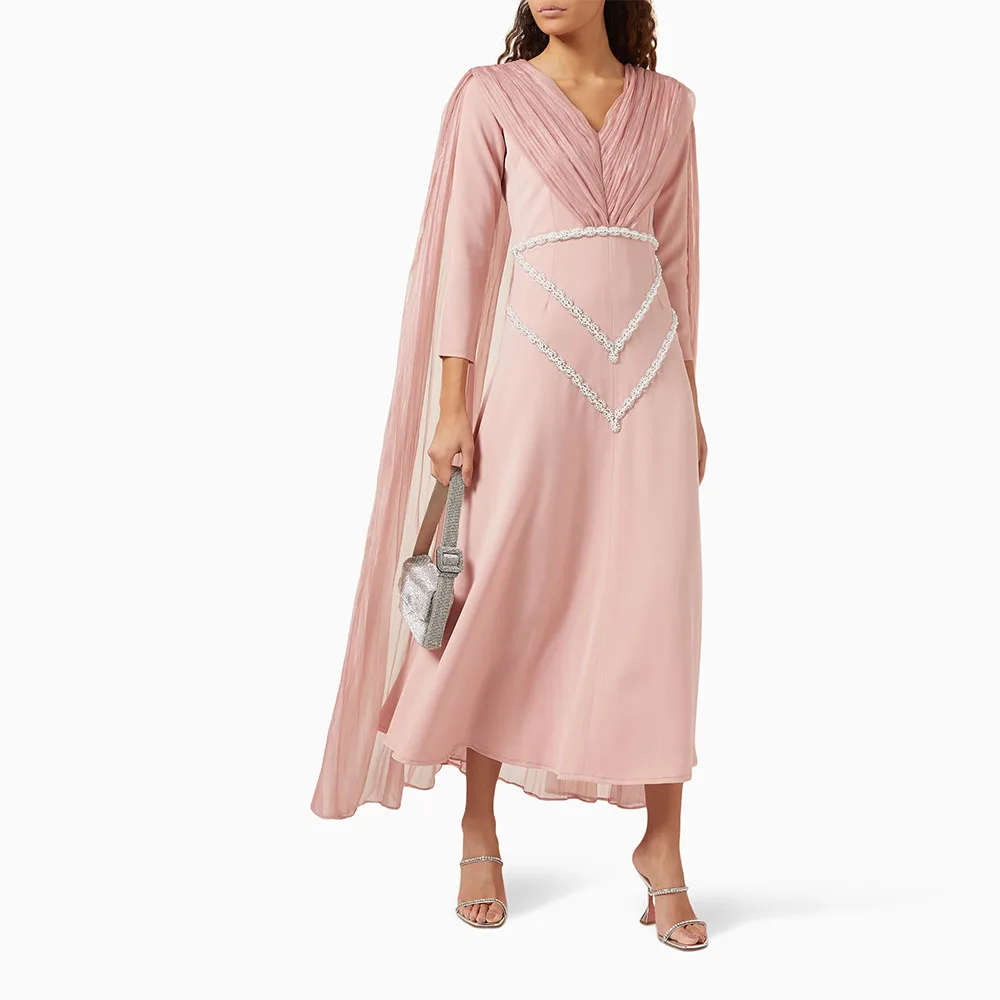 

Custom A Line Prom Dress V Neck Evening Dress Long Sleeves Formal Party Dress Tea Length Saudi Gown With Shawl