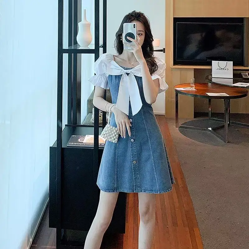 

Slimming Faionable Summer 2025 Square Collar Knot Bubble Sve Denim ort Sve Dr Midi Length Women's Dr