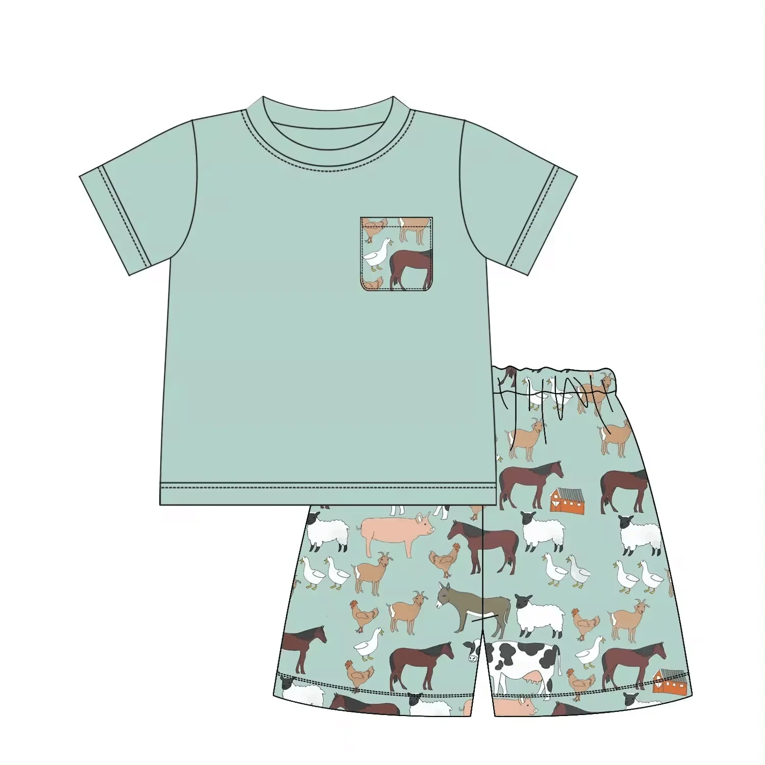 

Summer Boys Series Boutique Children Set Short Sleeve Pocket Farm Cow Horse Chicken Print Shorts Children Set Pajamas Set shorts